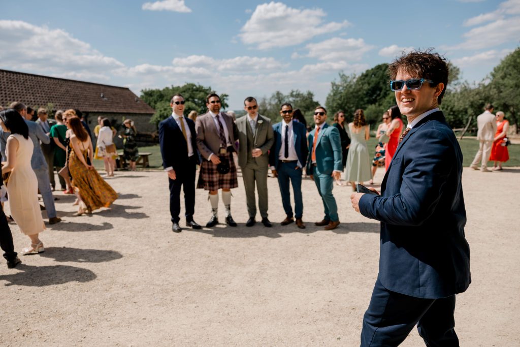 Relaxed wedding photography at Folly Farm Centre in Somerset with beautiful golden light and countryside views.